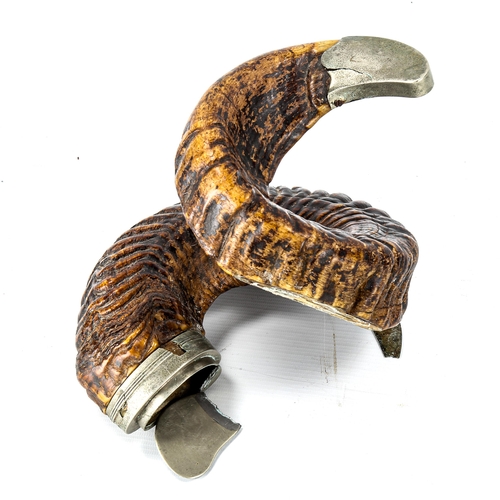 1005 - A 19th century ram's horn table snuff mull, with nickel plate mounts, height 16cm