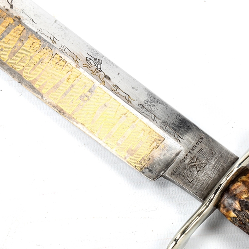 1006 - A California Bowie Knife by George Wostenholm, etched and gilded blade with staghorn grip, original ... 