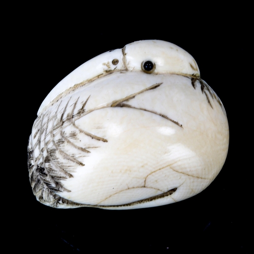 1026 - A Japanese ivory netsuke in the form of a flamingo, signed under the base, Meiji Period, length 4cm