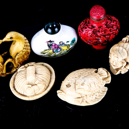 1031 - A group of 4 Japanese ivory netsuke, including fish design, signed Masamitsu, length 5cm, figure of ... 