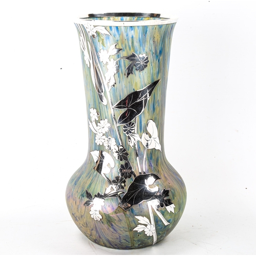 1039 - LOETZ - iridescent glass vase with applied silver foliate designs and silver rim, height 30cm, rim d... 