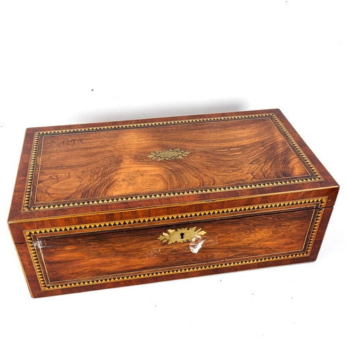 1043 - A 19th century rosewood and parquetry inlaid travelling writing slope, length 50cm