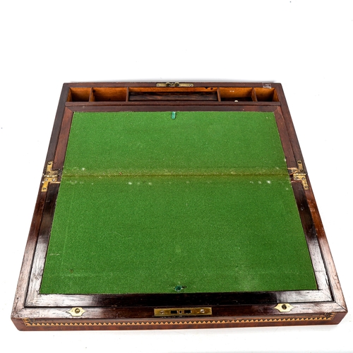 1043 - A 19th century rosewood and parquetry inlaid travelling writing slope, length 50cm