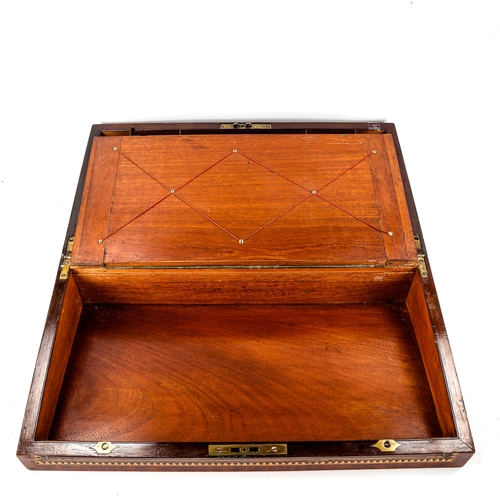 1043 - A 19th century rosewood and parquetry inlaid travelling writing slope, length 50cm