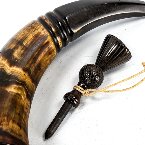 1069 - A large Victorian Scottish buffalo horn powder flask with carved thistle end, length 38cm