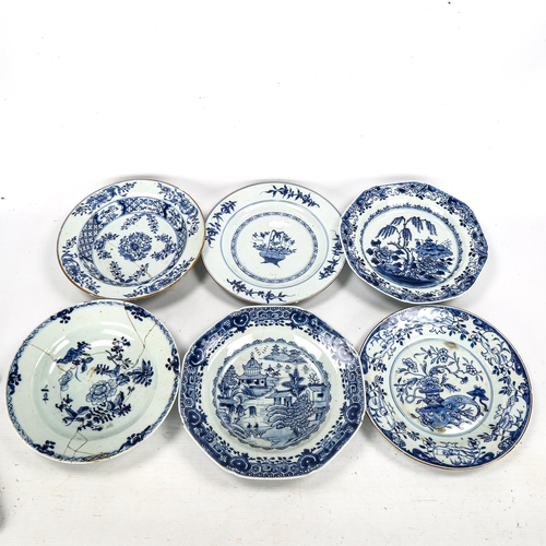 1076 - A group of Chinese blue and white porcelain plates, 18th and 19th century (A/F) (6)