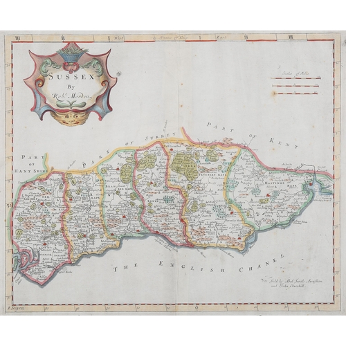 1088 - Robert Morden, 17th century hand coloured map of Sussex, image 35cm x 40cm, framed