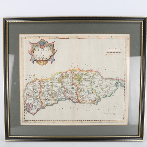 1088 - Robert Morden, 17th century hand coloured map of Sussex, image 35cm x 40cm, framed