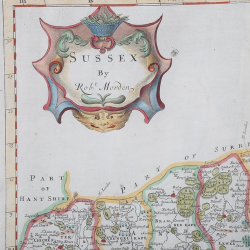 1088 - Robert Morden, 17th century hand coloured map of Sussex, image 35cm x 40cm, framed