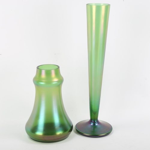 1093 - 2 Loetz style green iridescent glass vases, height 30cm and 16cm