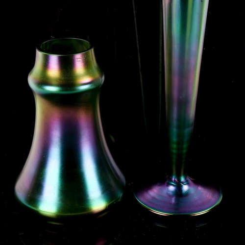 1093 - 2 Loetz style green iridescent glass vases, height 30cm and 16cm