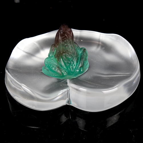 1095 - A Daum Crystal pate de verre glass frog in green/purple, sitting on a clear and frosted crystal lily... 