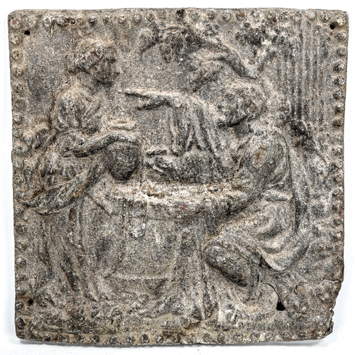 1100 - An 18th century relief cast lead wall plaque, depicting figures by a well, 25cm x 25cm