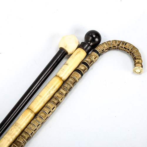 1103 - A 19th century shark vertebrae walking stick, a faceted ivory-handled ebony walking cane, and a Chin... 