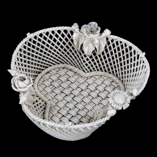 1105 - Belleek 3 strand trefoil basket, circa 1865 - 1890, length 12cm