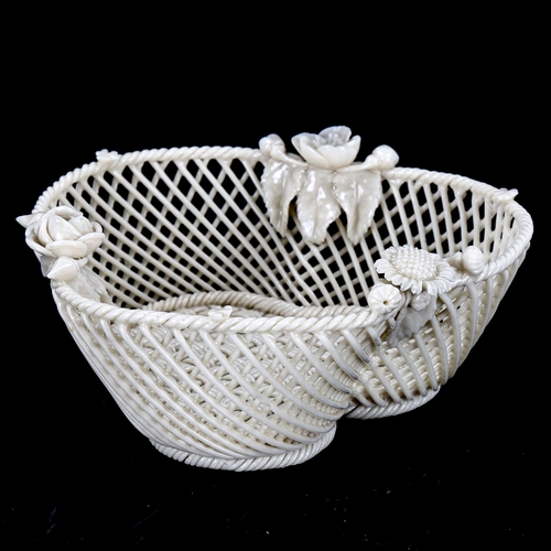 1105 - Belleek 3 strand trefoil basket, circa 1865 - 1890, length 12cm