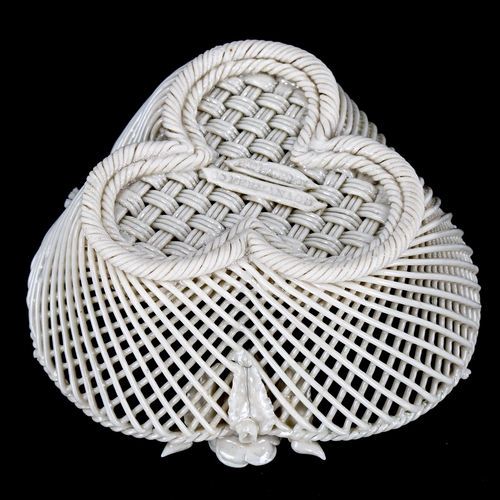 1105 - Belleek 3 strand trefoil basket, circa 1865 - 1890, length 12cm