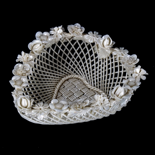 1106 - Belleek 4 strand heart-shaped basket, 1921 -1954, length 12cm