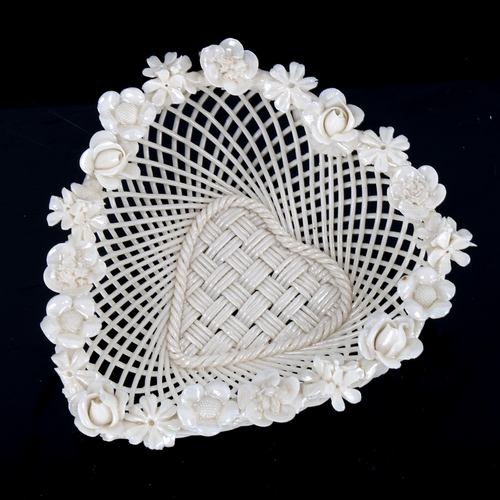 1106 - Belleek 4 strand heart-shaped basket, 1921 -1954, length 12cm