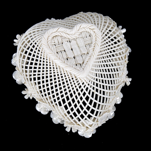 1106 - Belleek 4 strand heart-shaped basket, 1921 -1954, length 12cm