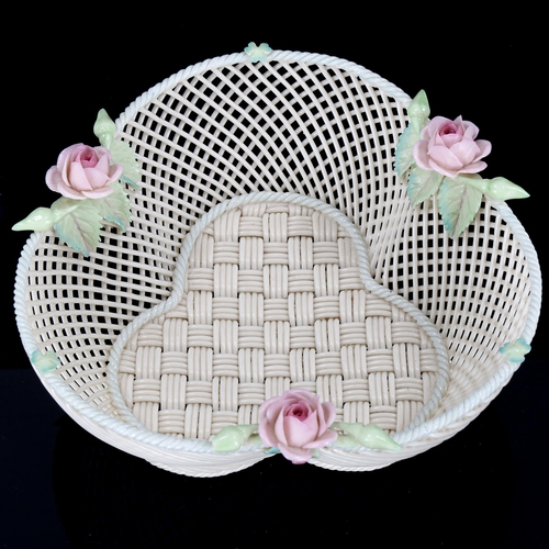 1107 - Belleek 4 strand trefoil basket with coloured floral mounts, 1955 - 1979, length 17cm