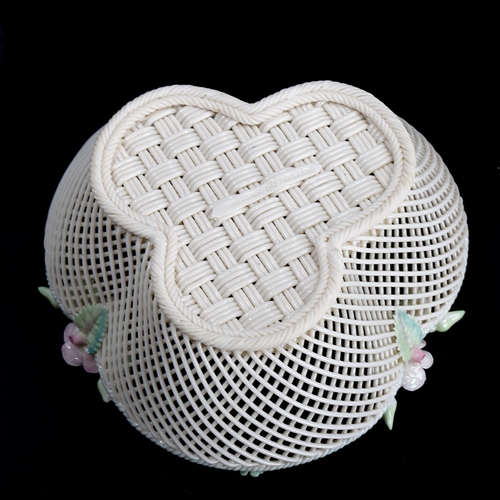 1107 - Belleek 4 strand trefoil basket with coloured floral mounts, 1955 - 1979, length 17cm