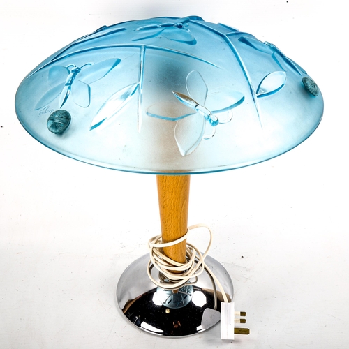 1121 - Scandi-Francais Lumiere et Glass, table lamp with French 1940s glass shade, relief moulded dragonfly... 