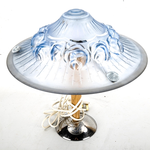 1122 - Scandi-Francais Lumiere et Glass, table lamp with 1940s glass shade, blue relief moulded rosebud dec... 