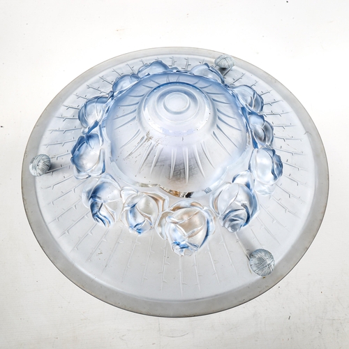 1122 - Scandi-Francais Lumiere et Glass, table lamp with 1940s glass shade, blue relief moulded rosebud dec... 