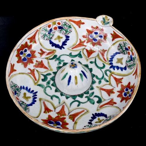 1126 - Turkish Kutahya pottery lemon squeezer with painted decoration, diameter 18cm