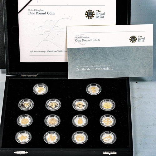 1137 - Royal Mint 14 coin set, silver/gold proof £1 coins, boxed with papers and outer package