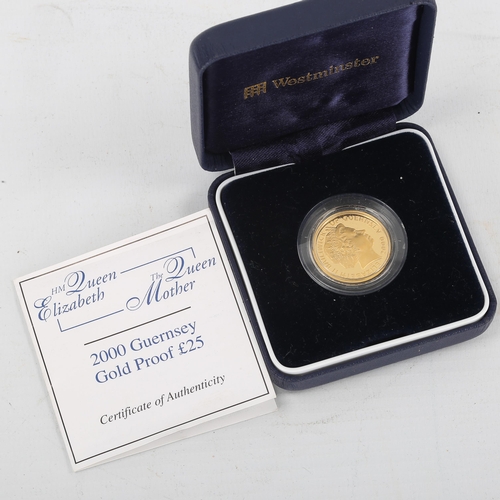 1139 - HM Queen Elizabeth The Queen Mother 2000 Guernsey gold proof £25 coin, 8g, boxed with papers