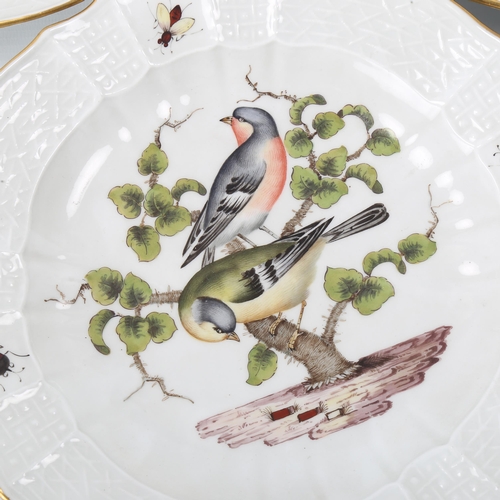 1142 - A set of 3 Meissen porcelain plates, with hand painted bird designs in relief moulded border, diamet... 