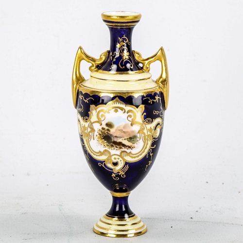 1143 - A small Coalport porcelain cabinet vase, hand painted landscape decorated panel, height 10.5cm