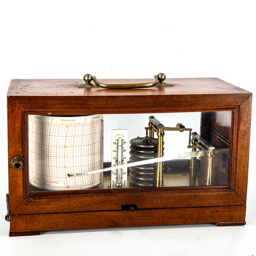 1158 - Casella mahogany-cased barograph with brass carrying handle, spare charts and ink, case length 29cm