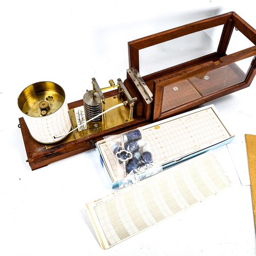 1158 - Casella mahogany-cased barograph with brass carrying handle, spare charts and ink, case length 29cm