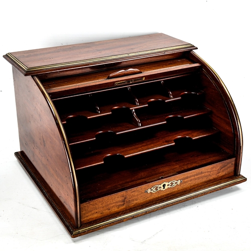 1165 - A 19th century mahogany and brass inlaid tambour-front stationery cabinet, width 39cm