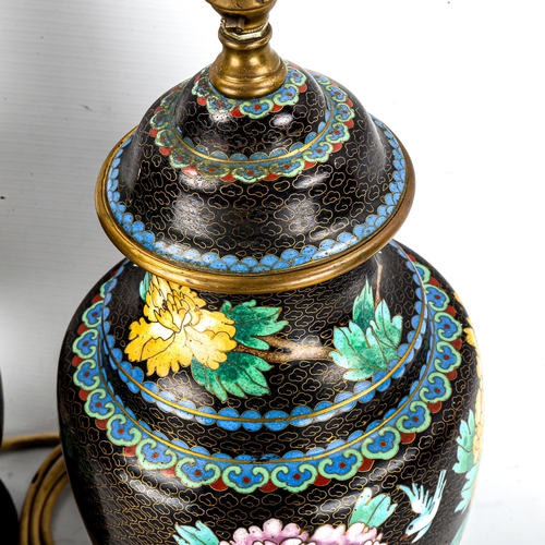 1175 - A pair of Chinese cloisonne enamel table lamps, on carved wood bases, height including fitting 42cm