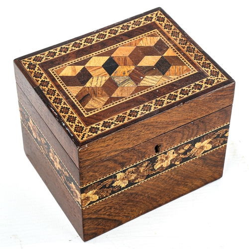 1188 - Victorian Tunbridge Ware tea caddy, cube parquetry inlaid lid with floral frieze and inner lid, widt... 