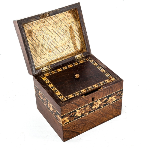 1188 - Victorian Tunbridge Ware tea caddy, cube parquetry inlaid lid with floral frieze and inner lid, widt... 