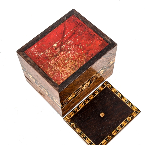 1188 - Victorian Tunbridge Ware tea caddy, cube parquetry inlaid lid with floral frieze and inner lid, widt... 