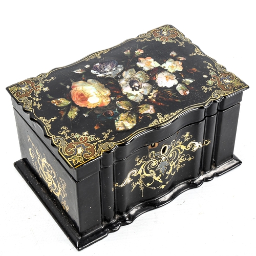 1190 - A Victorian papier mache, mother-of-pearl inlaid and gilded tea caddy, with inner lids, width 18.5cm