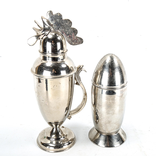 1192 - A nickel plate cockerel design cocktail shaker, height 33cm, and a chrome plate rocket ship design c... 