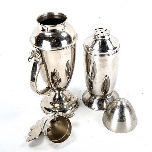 1192 - A nickel plate cockerel design cocktail shaker, height 33cm, and a chrome plate rocket ship design c... 