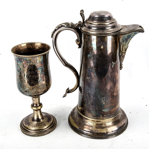 1213 - A large Victorian electroplate lidded flagon, height 30cm, and a Victorian plated goblet (2)