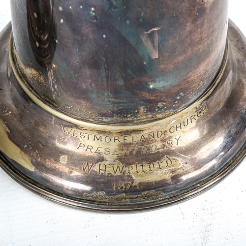 1213 - A large Victorian electroplate lidded flagon, height 30cm, and a Victorian plated goblet (2)