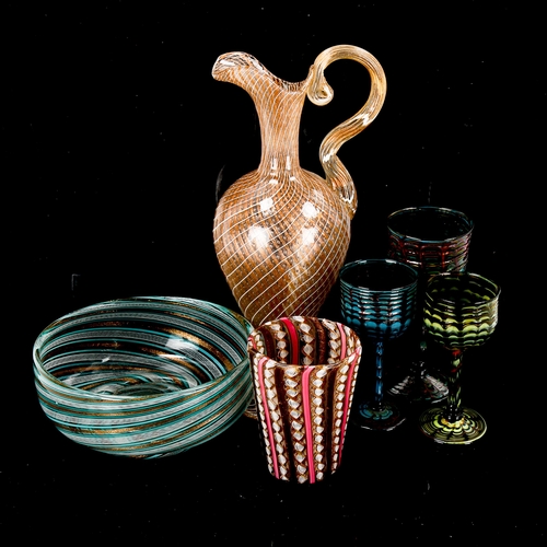 1230 - A group of Venetian Latticino glass, including a gilded ewer, height 21cm (6)