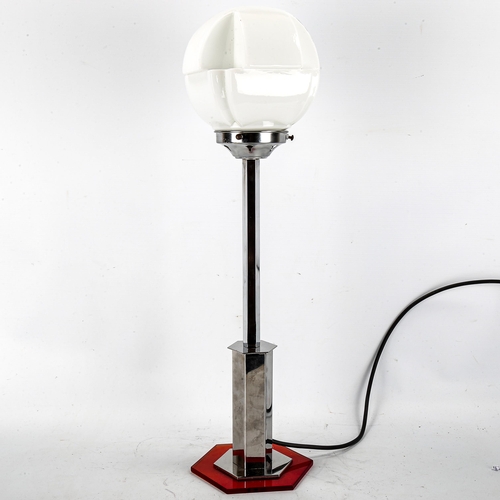 1249 - An Art Deco chrome plate and perspex table lamp, with white glass shade, height 57cm