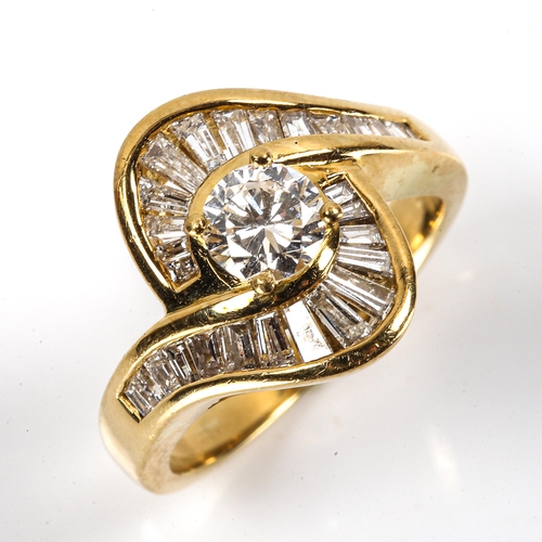 175 - A modern 18ct gold diamond swirl cluster ring, set with modern round brilliant and tapered baguette-... 