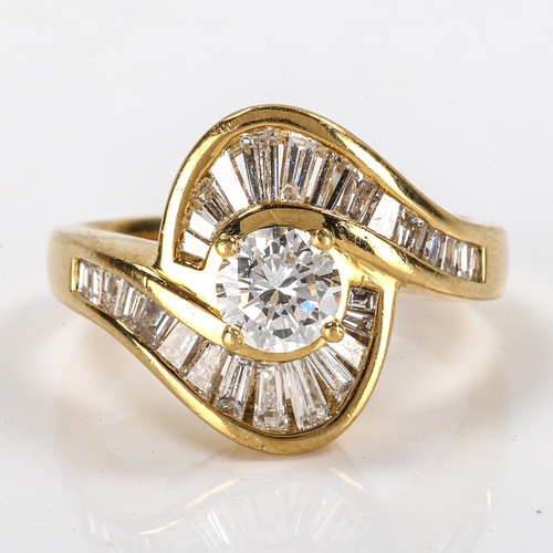 175 - A modern 18ct gold diamond swirl cluster ring, set with modern round brilliant and tapered baguette-... 